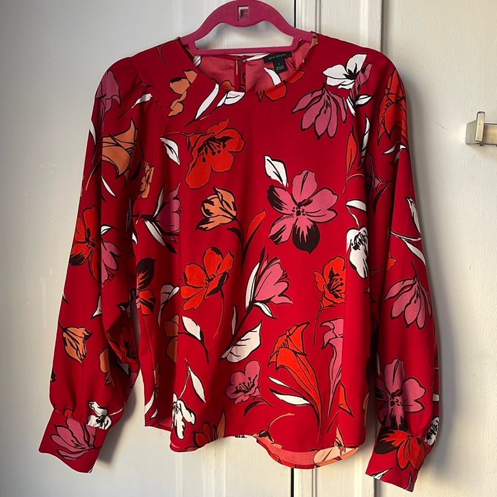 Ann Taylor Blouse Floral Long Sleeve S Puff Sleeve Business Professional